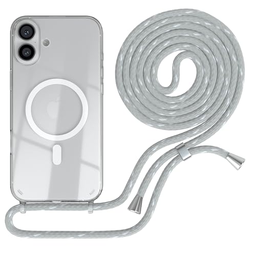 EAZY CASE - Handykette kompatibel mit iPhone 16 Plus Kette zum Umhängen Handyhülle für Apple iPhone 16 Plus Silikon Hülle mit Band Handytasche Transparent als Fallschutz in Grau/Weiß - Clips Silber von EAZY CASE