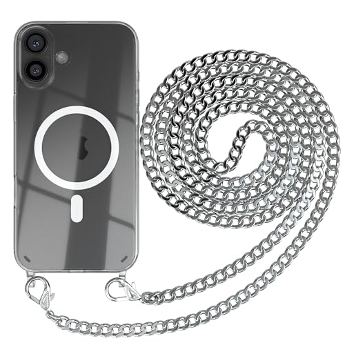 EAZY CASE - Handykette kompatibel mit iPhone 16 Plus Kette zum Umhängen Stoßfest Handyhülle für Apple iPhone 16 Plus Silikon Hülle mit Band Handytasche Transparent als Fallschutz in Metall - Silber EAZY CASE - Handykette kompatibel mit iPhone 16 Plus Kette zum Umhängen Stoßfest Handyhülle für Apple iPhone 16 Plus Silikon Hülle mit Band Handytasche Transparent als Fallschutz in Metall - Silber von EAZY CASE