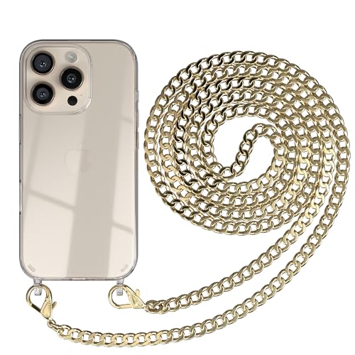 EAZY CASE Handykette kompatibel mit iPhone 16 Pro Handyhülle mit Umhängeband, Handykordel mit Schutzhülle, Silikonhülle, Hülle mit Band, Stylische Kette mit Hülle für Smartphone, Metall - Gold von EAZY CASE