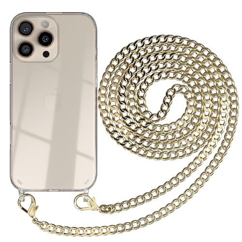 EAZY CASE Handykette kompatibel mit iPhone 16 Pro Max Handyhülle mit Umhängeband, Handykordel mit Schutzhülle, Silikonhülle, Hülle mit Band, Stylische Kette mit Hülle für Smartphone, Metall - Gold von EAZY CASE