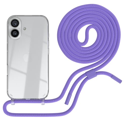 EAZY CASE - Handykette kompatibel mit iPhone 16 - dünne Handyhülle für Apple iPhone 16 Hülle mit Band als Fallschutz Kette zum Umhängen transparente Hülle Silikon in Lila - Transparent von EAZY CASE