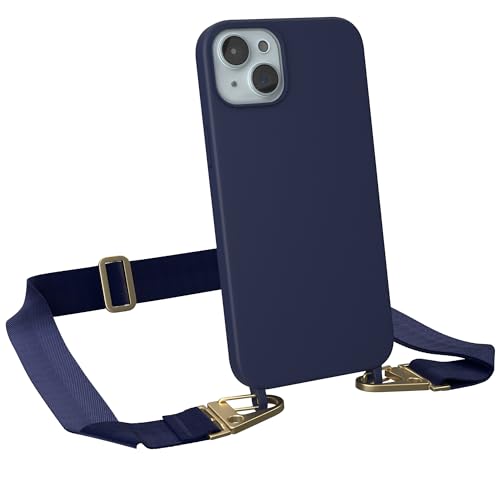 EAZY CASE - Handykette mit Band kompatibel mit iPhone 15 Plus - dünne Handyhülle für iPhone 15 Plus Hülle Silikon stoßfester Fallschutz Kette zum Umhängen Hülle mit Band in Nacht Blau - Clips Gold von EAZY CASE