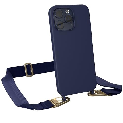 EAZY CASE - Handykette mit Band kompatibel mit iPhone 15 Pro Max - dünne Handyhülle für iPhone 15 Pro Max Hülle Silikon stoßfester Fallschutz Kette zum Umhängen Hülle mit Band in Blau - Clips Gold von EAZY CASE