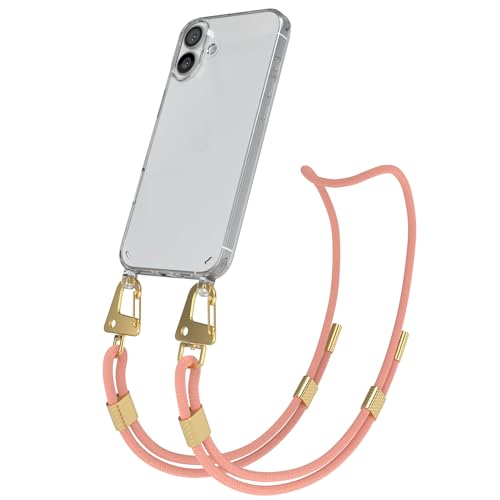 EAZY CASE - Handykette mit Karabiner kompatibel mit iPhone 16 Plus - Hülle Silikon Fallschutz transparente Handyhülle für Apple iPhone 16 Plus Kette zum Umhängen Hülle in Korall Transparent - Gold von EAZY CASE