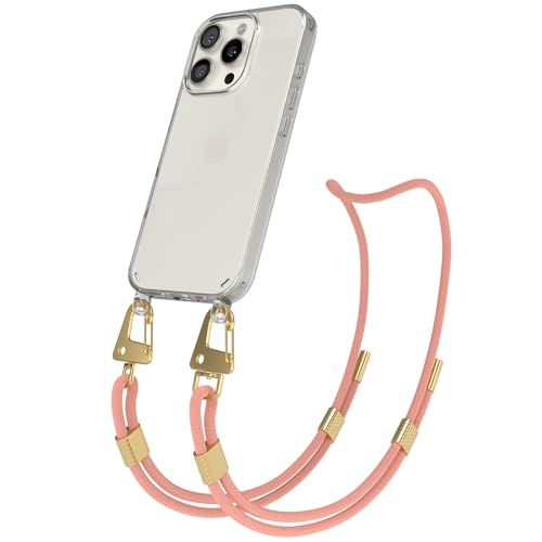 EAZY CASE - Handykette mit Karabiner kompatibel mit iPhone 16 Pro - Hülle Silikon Fallschutz transparente Handyhülle für Apple iPhone 16 Pro Kette zum Umhängen Schutzhülle in Korall Transparent - Gold von EAZY CASE