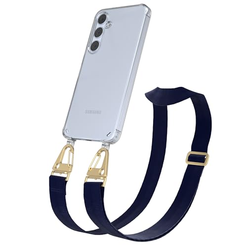 EAZY CASE - Handykette mit breitem Band kompatibel mit Samsung Galaxy S24 Plus - Handyhülle transparent für Galaxy S24 Plus Hülle TPU mit Kette zum Umhängen Hülle mit Band in Nacht Blau - Clips Gold von EAZY CASE