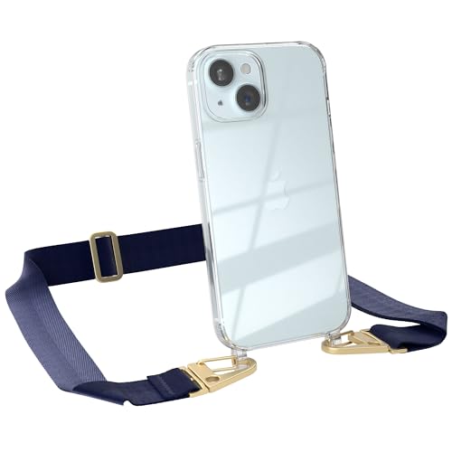 EAZY CASE - Hülle mit Band kompatibel mit iPhone 15 Handyhülle mit Umhängeband für iPhone 15 Silikonhülle Transparent Schutzhülle Handykette zum Umhängen Handykordel Smartphone in Blau Gold von EAZY CASE