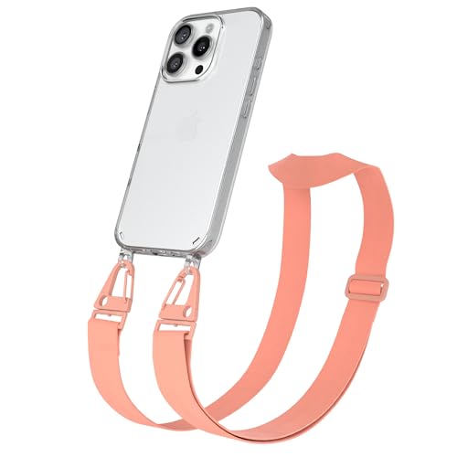 EAZY CASE - Handykette mit breitem Band kompatibel mit iPhone 16 Pro - dünne Handyhülle für Apple iPhone 16 Pro Hülle Silikon Fallschutz Kette zum Umhängen Hülle mit Band in Korall - Clips Korall von EAZY CASE
