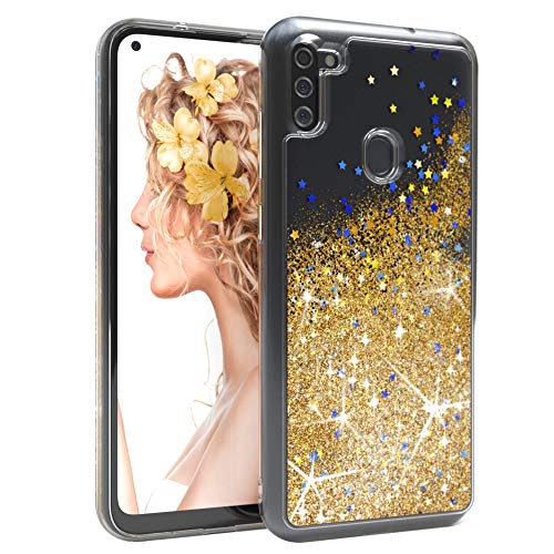 EAZY CASE Hülle kompatibel mit Samsung Galaxy M11 Schutzhülle mit Flüssig-Glitzer, Handyhülle, Schutzhülle, Back Cover mit Glitter Flüssigkeit, TPU/Silikon, Transparent/Durchsichtig, Gold von EAZY CASE