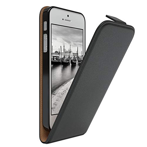 EAZY CASE Hülle kompatibel mit iPhone 5 / 5S / SE (2016) Hülle Flip Cover zum Aufklappen Handyhülle aufklappbar, Schutzhülle, Flipcase, Flipstyle Case vertikal klappbar, aus Kunstleder, Schwarz von EAZY CASE