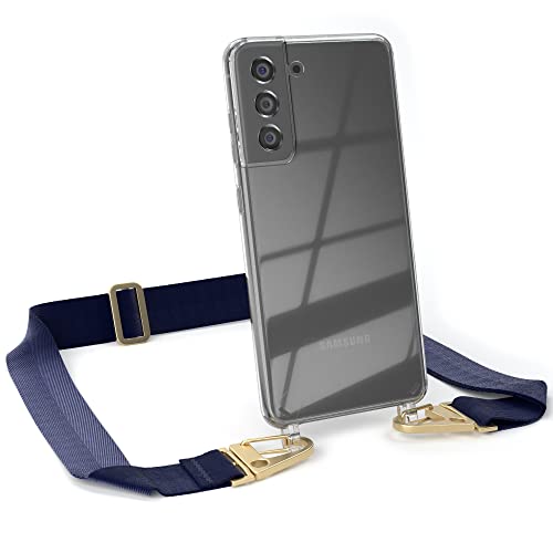 EAZY CASE - Hülle mit Band kompatibel mit Samsung Galaxy S21 FE 5G Handyhülle mit Umhängeband für Galaxy S21 FE Silikonhülle Transparent Schutzhülle Handykette zum Umhängen Handykordel in Blau Gold von EAZY CASE