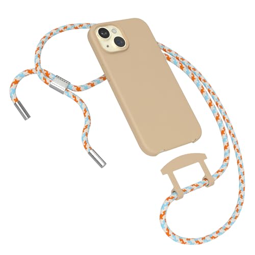 EAZY CASE - Hülle mit Band kompatibel mit iPhone 15 Handyhülle für iPhone 15 Schutzhülle Silikonhülle mit Mikrofaser stoßfester Fallschutz Handykette zum Umhängen 2in1 Hülle Handykordel Nude Orange von EAZY CASE