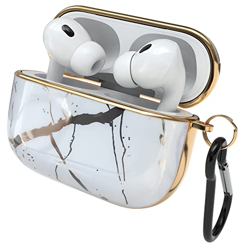 EAZY CASE - Hülle mit Karabiner kompatibel mit AirPods Pro 2 - Marmoroptik, Cover mit Schlüsselanhänger, perfekte Passform, rutschfestes Etui, Stoßfeste Schützhülle aus Polycarbonat, Fullcover Weiß von EAZY CASE