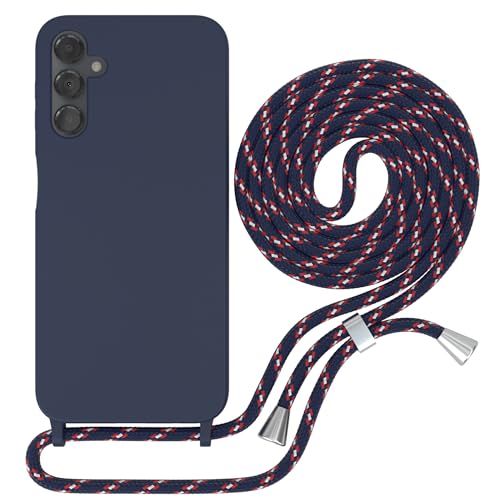 EAZY CASE - Hülle mit Kette - kompatibel mit Samsung Galaxy A14 5G Schutzhülle Kordel zum Umhängen,Umhängen Necklace, TPU Silikon Case, Blau mit Band Navy Camouflage Verschluss Silber von EAZY CASE