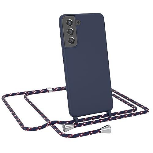 EAZY CASE - Hülle mit Kette - kompatibel mit Samsung Galaxy S21 FE 5G Schutzhülle Kordel zum Umhängen,Umhängen Necklace, TPU Silikon Case, Blau mit Band Navy Camouflage Verschluss Silber von EAZY CASE