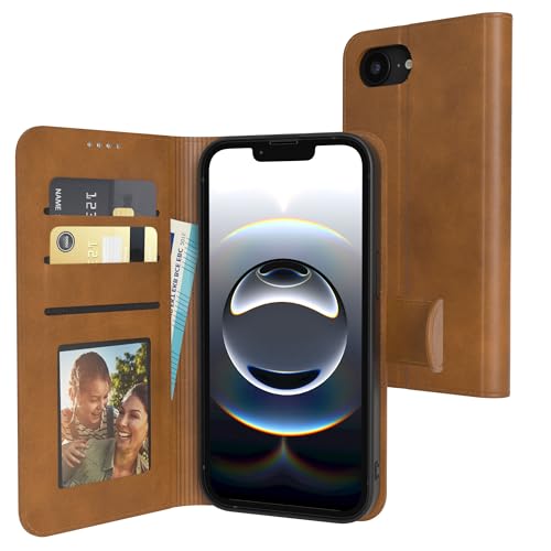 EAZY CASE - Klapphülle für iPhone 16e Hülle klappbar mit Kameraschutz Schutzhülle Magnetverschluss Ständer Vintage Klapptasche Kartenfach Sichtfenster Foto Etui Premium Handyhülle Hell Braun von EAZY CASE