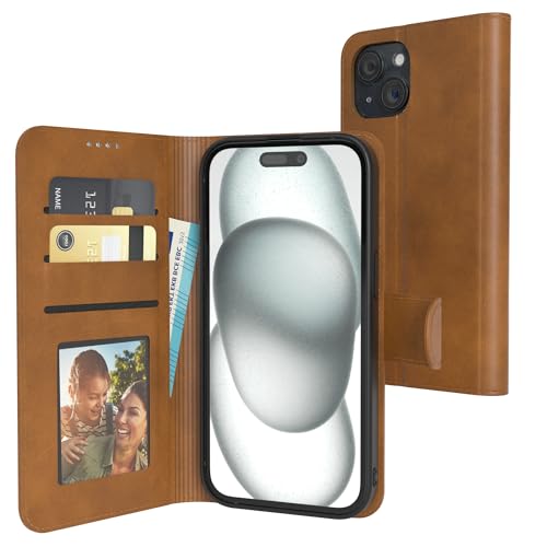 EAZY CASE - Klapphülle für iPhone 15 Hülle klappbar mit Kameraschutz Schutzhülle mit Magnet Flip Case Ständer Kunstleder Klapptasche mit Kartenfach Sichtfenster für Foto Premium Handyhülle Hell Braun von EAZY CASE