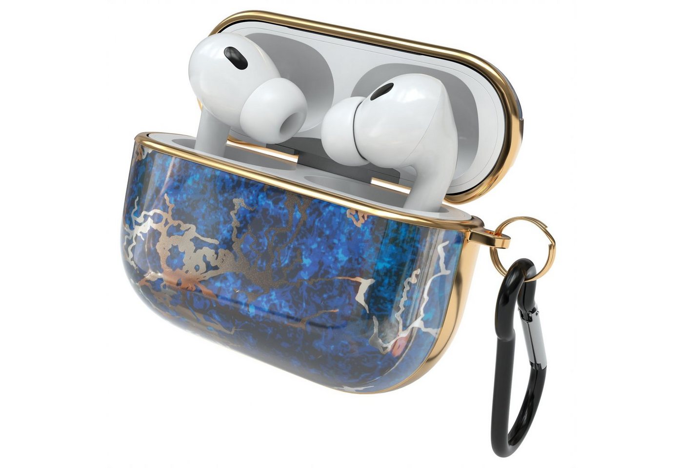 EAZY CASE Kopfhörer-Schutzhülle IMD Motiv Case kompatibel mit Apple AirPods Pro 2, Schutzhülle Fullcover Bumper mit Handschlaufe Hülle Marmor Blau / Gold von EAZY CASE