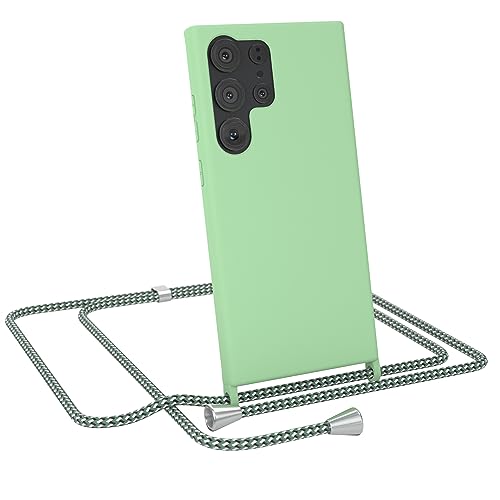 EAZY CASE - Liquid Silikon Handykette - kompatibel mit Samsung Galaxy S23 Ultra Soft Silikon Slim Cover, 3-Schichten Kratzfest in Grün mit Halsband Hellgrün Camouflage Metallstücke Silber von EAZY CASE