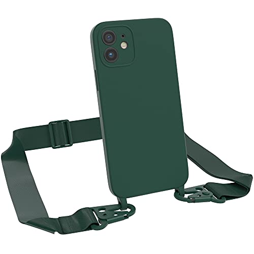 EAZY CASE Premium Silikon 2 in 1 Handykette kompatibel mit iPhone 12 Handyhülle mit Umhängeband, Handykordel mit Silikonhülle, Hülle mit Band, Kette für Smartphone, Piniengrün, Grün von EAZY CASE