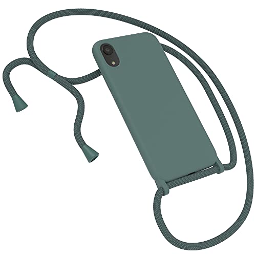EAZY CASE Premium Silikon Handykette kompatibel mit iPhone XR Handyhülle mit Umhängeband, Handykordel mit Schutzhülle, Silikonhülle, Hülle mit Band, Kette für Smartphone, Nachtgrün, Grün von EAZY CASE