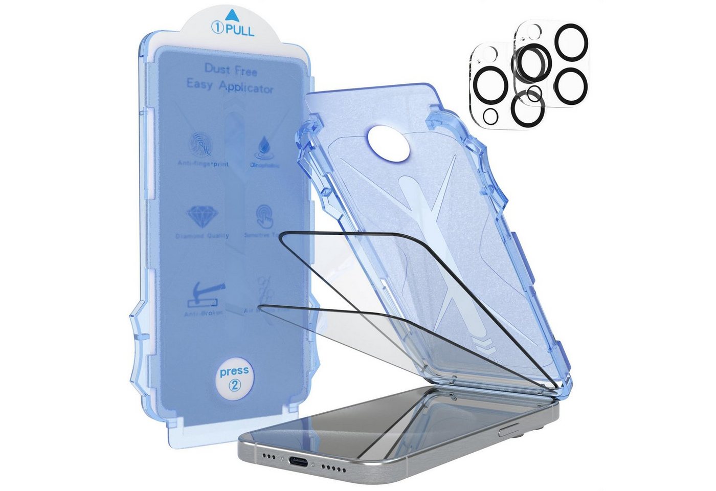 EAZY CASE Schutzfolie 2x Displayschutz für iPhone 15 Pro + Kameraschutz, (2er Set), Display Schutzglas 6,1" Displayfolie Ultra Klar Schutz Glas Hartglas von EAZY CASE