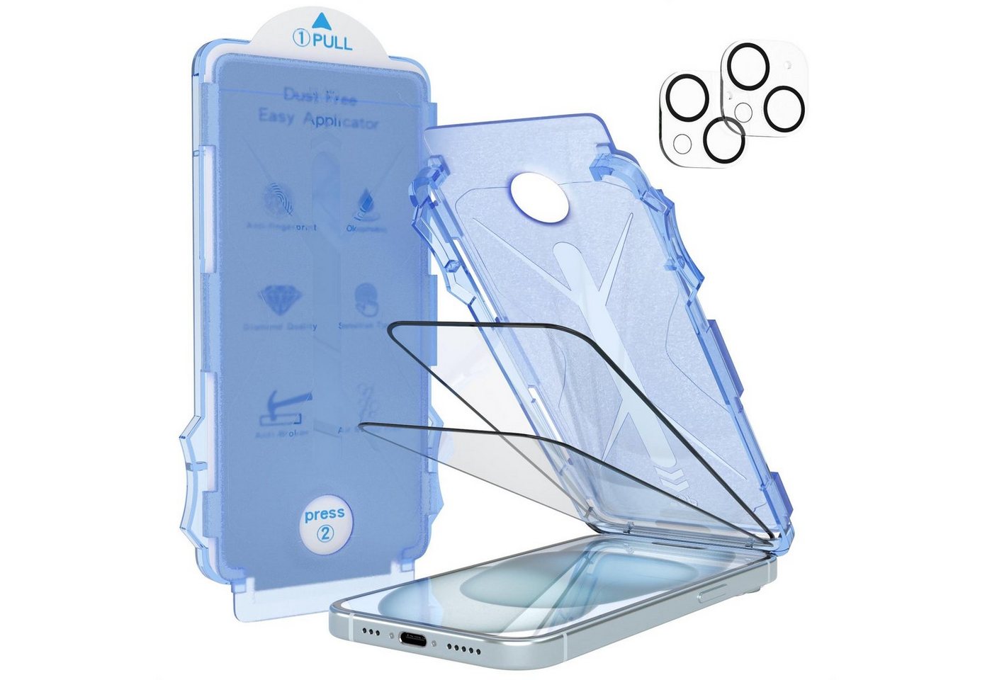 EAZY CASE Schutzfolie 2x Displayschutz für iPhone 15 inkl. Kameraschutz, (2er Set), Display Schutzglas 6,1" Displayfolie Ultra Klar Schutz Glas Hartglas von EAZY CASE