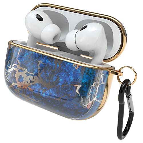 EAZY CASE - Schutzhülle für AirPods Pro 2 Hülle Blau Hard Case Stoßfest mit Karabiner geeignet als Schlüsselanhänger Antikratz Etui rutschfest Hardcase für Airpod Pro 2. Generation Dunkelblau Marmor von EAZY CASE