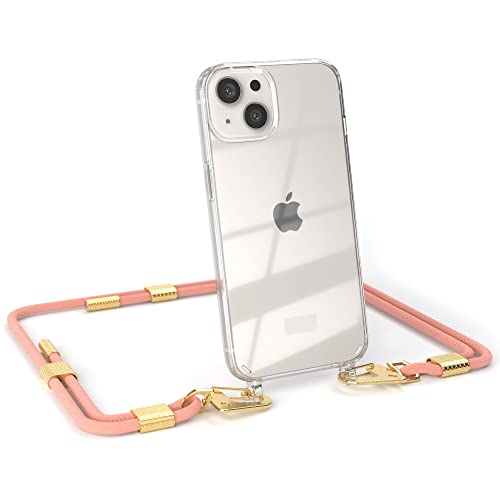 EAZY CASE - Silikonhülle Transparent kompatibel mit iPhone 13 Transparente Silikon-hülle mit stylischen rundem Umhängeband, abnehmbar durch Karabiner, Handykordel, Altrosa Coral - Clips Gold von EAZY CASE