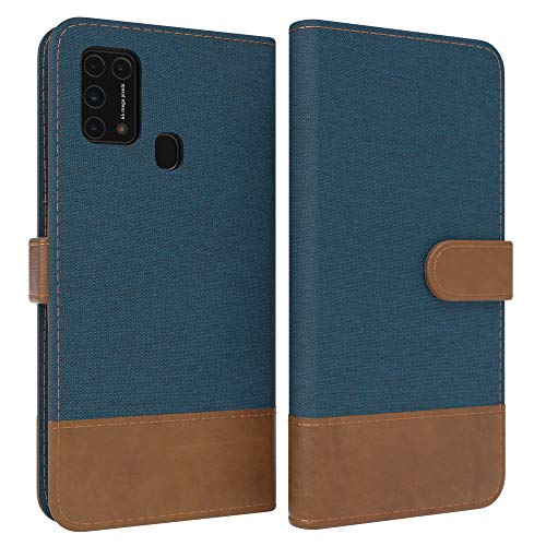 EAZY CASE Tasche kompatibel mit Samsung Galaxy M31 Stoff Schutzhülle mit Standfunktion Klapphülle Bookstyle, Handytasche Handyhülle Cover mit Magnetverschluss und Kartenfach, Kunstleder, Dunkel Blau von EAZY CASE