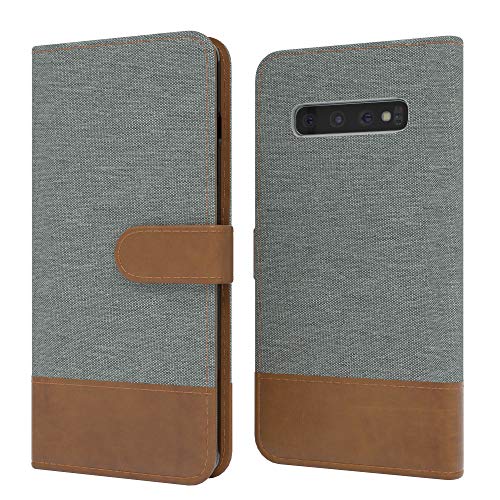 EAZY CASE Tasche kompatibel mit Samsung Galaxy S10 Stoff Schutzhülle mit Standfunktion Klapphülle Bookstyle, Handytasche Handyhülle Flip Cover mit Magnetverschluss und Kartenfach, Kunstleder, Hellgrau von EAZY CASE