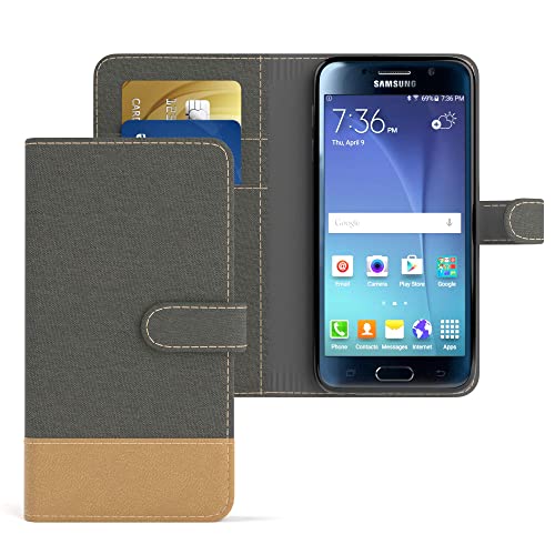 EAZY CASE Tasche kompatibel mit Samsung Galaxy S6 Stoff Schutzhülle mit Standfunktion Klapphülle Bookstyle, Handytasche Handyhülle mit Magnetverschluss und Kartenfach, Kunstleder, Anthrazit von EAZY CASE