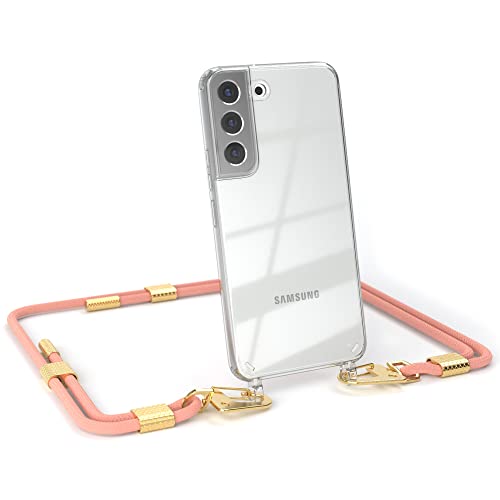EAZY CASE - kombinierbare Handyketten kompatibel mit Samsung Galaxy S22 5G, Transparente Silikon-Hülle mit stylischen rundem Umhängeband, abnehmbar durch Karabiner, Handykordel, Korall - Clips Gold von EAZY CASE