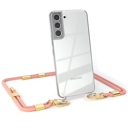 EAZY CASE - kombinierbare Handyketten kompatibel mit Samsung Galaxy S22 Plus 5G, Transparente Silikon-Hülle mit stylischen rundem Umhängeband, Abnehmbarer Karabiner, Handykordel, Korall - Clips Gold von EAZY CASE