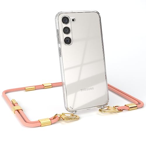 EAZY CASE - kombinierbare Handyketten kompatibel mit Samsung Galaxy S23 Plus, Transparente Silikon-Hülle mit stylischen rundem Umhängeband, Abnehmbarer Karabiner, Handykordel, Korall - Clips Gold von EAZY CASE