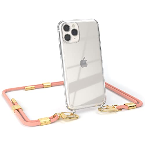 EAZY CASE - kombinierbare Handyketten kompatibel mit iPhone 11 Pro, Transparente Silikon-Hülle mit rundem Umhängeband, Abnehmbarer Karabiner, Hülle mit Band, Handykordel, Korall - Clips Gold von EAZY CASE