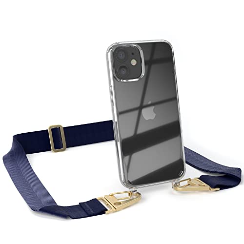 EAZY CASE - Hülle mit Band kompatibel mit iPhone 12 Mini Handyhülle mit Umhängeband für iPhone 12 Mini Silikonhülle Transparent Schutzhülle Handykette zum Umhängen Handykordel Smartphone in Blau Gold von EAZY CASE