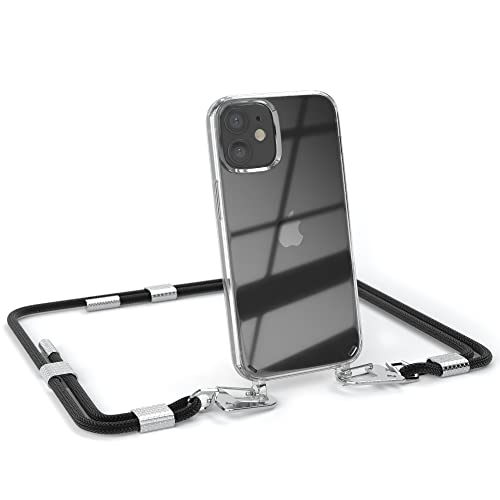 EAZY CASE - kombinierbare Handyketten kompatibel mit iPhone 12 Mini, Transparente Silikon-Hülle mit stylischen rundem Umhängeband, abnehmbar durch Karabiner, Umhängetasche, Schwarz - Clips Silber von EAZY CASE