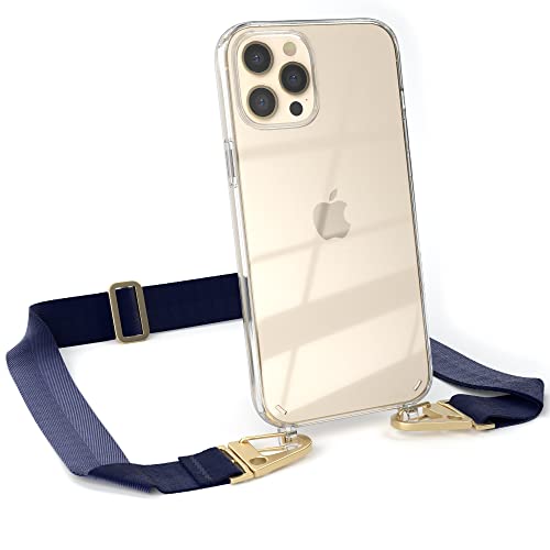 EAZY CASE - kombinierbare Handyketten kompatibel mit iPhone 12 Pro Max, Transparente Silikon-Hülle mit stylischen breitem Umhängeband, abnehmbar durch Karabiner, Riemen, Nacht Blau - Clips Gold von EAZY CASE