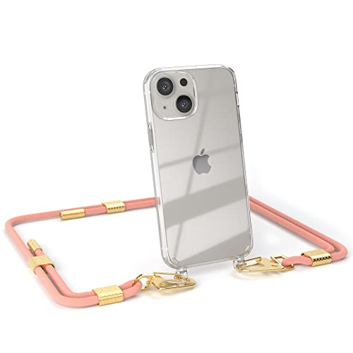 EAZY CASE - kombinierbare Handyketten kompatibel mit iPhone 13 Mini, Transparente Silikon-Hülle mit stylischen Umhängeband, Abnehmbarer Karabiner, Hülle mit Band, Handykordel, Korall - Clips Gold von EAZY CASE