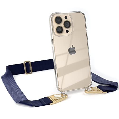 EAZY CASE - kombinierbare Handyketten kompatibel mit iPhone 13 Pro, Transparente Silikon-Hülle mit stylischen breitem Umhängeband, abnehmbar durch Karabiner, Riemen, Nacht Blau - Clips Gold von EAZY CASE