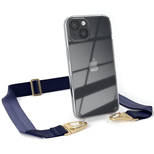 EAZY CASE - kombinierbare Handyketten kompatibel mit iPhone 14, Transparente Silikon-Hülle mit stylischen breitem Umhängeband, abnehmbar durch Karabiner, Riemen, Nacht Blau - Clips Gold von EAZY CASE