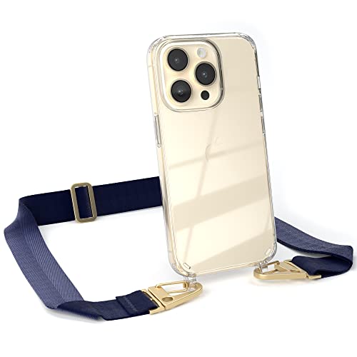 EAZY CASE - kombinierbare Handyketten kompatibel mit iPhone 14 Pro, Transparente Silikon-Hülle mit stylischen breitem Umhängeband, abnehmbar durch Karabiner, Riemen, Nacht Blau - Clips Gold von EAZY CASE