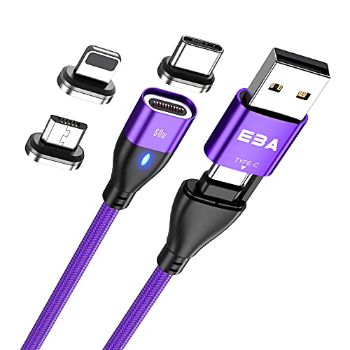 EBA Magnetisches Datenkabel Typ-C to USB kompatibel Android,Micro-USB,Type C,Smartphone und Tablette, 3A 60W Schnellladen Kabel – Magnetic ladekabel (PD60W) (Lila) von EBA