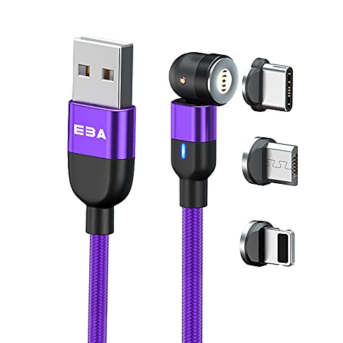 EBA magnetisches Datenkabel Schnellladekabel 540° 3A -Transfer Fast Charger Adapter Cable - Ladekabel geflochtenes USB-Kabel kompatibel mit i-Produkt/Mikro USB/Type-C (Schnellladen, Lila) von EBA