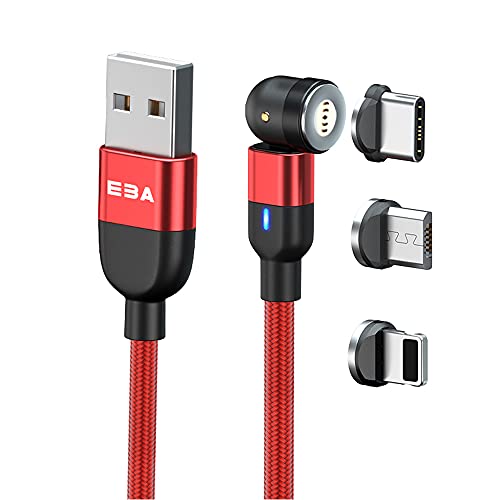 EBA magnetisches Datenkabel Schnellladekabel 540° 3A -Transfer Fast Charger Adapter Cable - Ladekabel geflochtenes USB-Kabel kompatibel mit i-Produkt/Mikro USB/Type-C (Schnellladen, Rot) von EBA