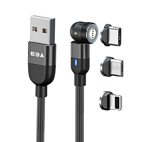 EBA magnetisches Datenkabel Schnellladekabel 540° 3A -Transfer Fast Charger Adapter Cable - Ladekabel geflochtenes USB-Kabel kompatibel mit i-Produkt/Mikro USB/Type-C (Schnellladen, Schwarz) von EBA