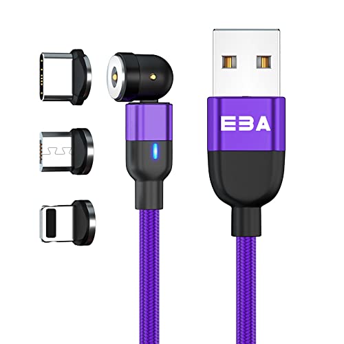 EBA magnetisches Ladekabel 540° 2.4 A USB 2.0, magnetisches Ladekabel geflochtenes USB-Kabel kompatibel mit i-Produkt/Mikro USB/Type-C magnetisches Ladekabel USB (Aufladekabel, Lila) von EBA