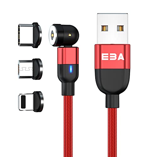 EBA magnetisches Ladekabel 540° 2.4 A USB 2.0, magnetisches Ladekabel geflochtenes USB-Kabel kompatibel mit i-Produkt/Mikro USB/Type-C magnetisches Ladekabel USB (Aufladekabel, Rot) von EBA