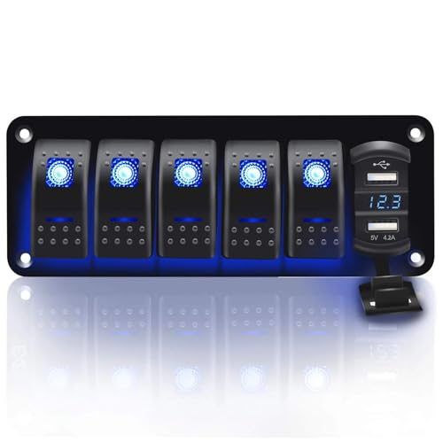 EBAYTV Marineschalter, 6-Gang-Wippschalter, Aluminium-Panel mit Voltmeter, 4,2A, Dual-USB-Schnellladefunktion, Blaue LED, vorverdrahtet, IP65, wasserdicht, for Marineautos EBAYTV Marineschalter, 6-Gang-Wippschalter, Aluminium-Panel mit Voltmeter, 4,2A, Dual-USB-Schnellladefunktion, Blaue LED, vorverdrahtet, IP65, wasserdicht, for Marineautos von EBAYTV